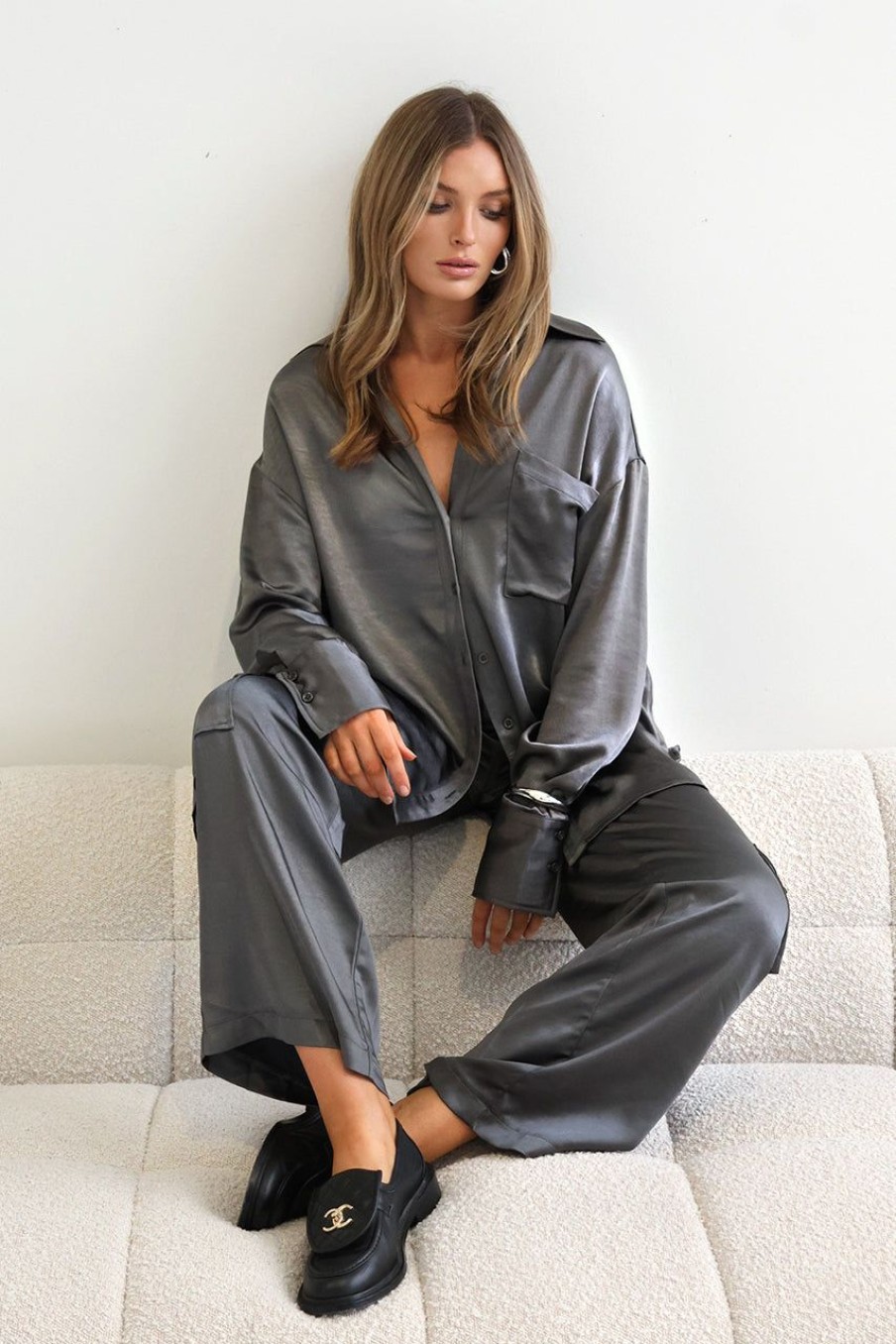 Sets Madison The Label | Zura Satin Shirt | Slate