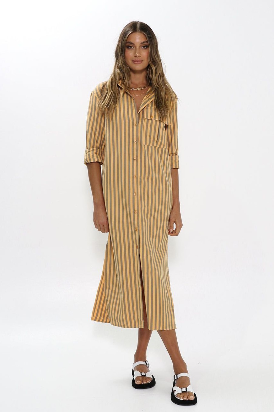 Dresses Madison The Label | Jadana Maxi Shirt Dress | Orange Stripe