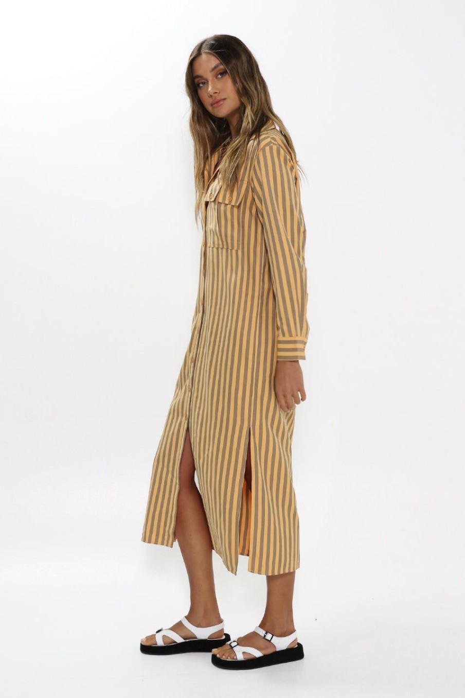 Dresses Madison The Label | Jadana Maxi Shirt Dress | Orange Stripe